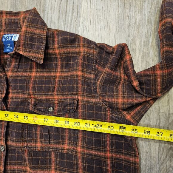 Vtg Venezia Plaid Flannel Shirt Womens 14/16 XL Brown Orange Swiftie Evermore - Picture 7 of 8